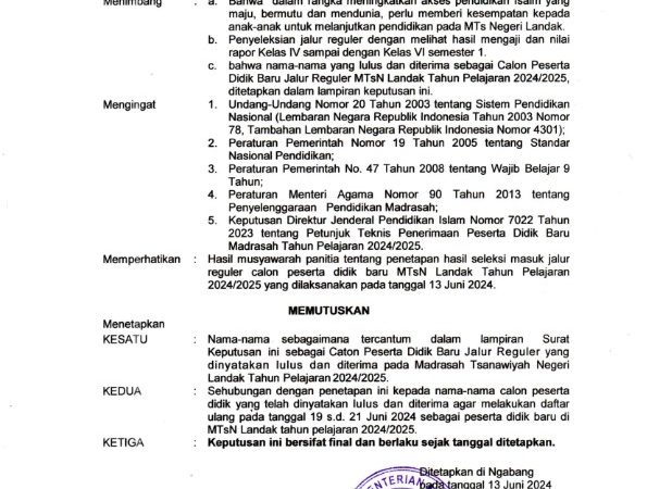 HASIL SELEKSI PPDB TP 2024/2025 MTs NEGERI LANDAK